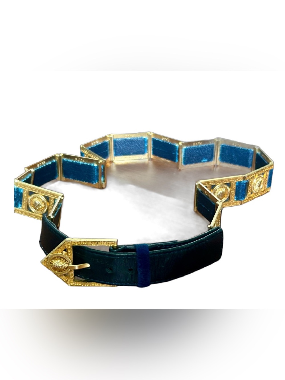 Vintage Laurent Effel Paris / Maluro Blue Leather Gold Panel Belt Made in France